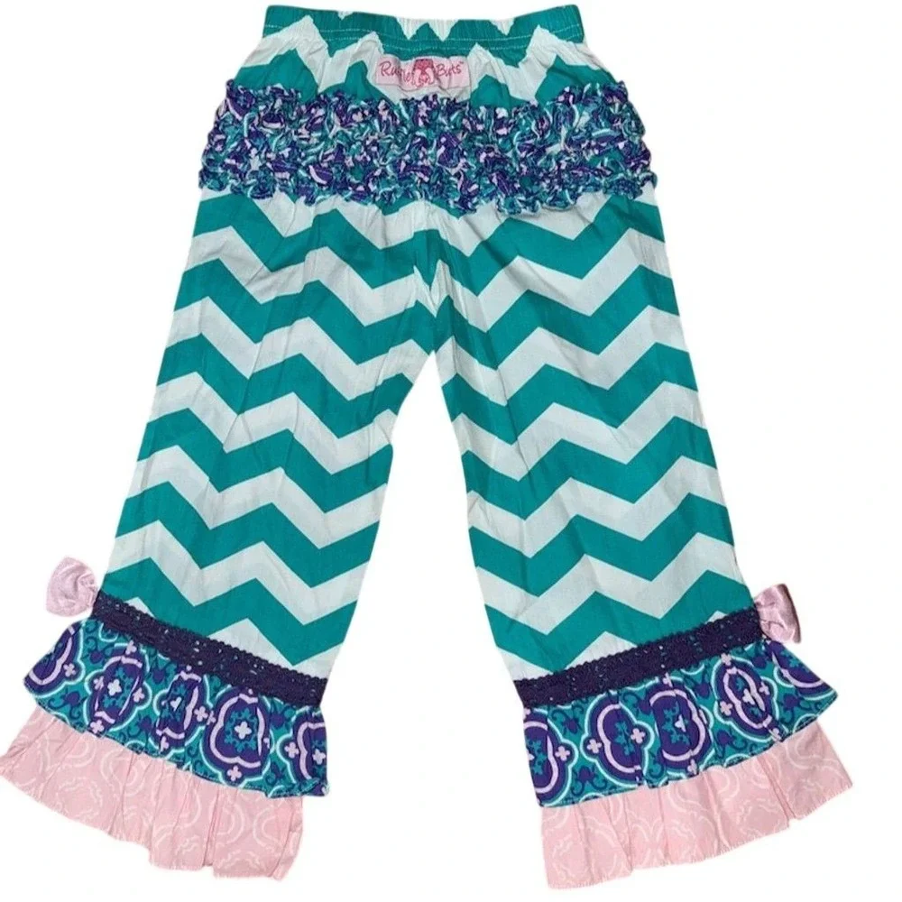 RuffleButts Girls' Chevron Ruffle Flare Pants Size 4T spring bright‎ preppy NWT